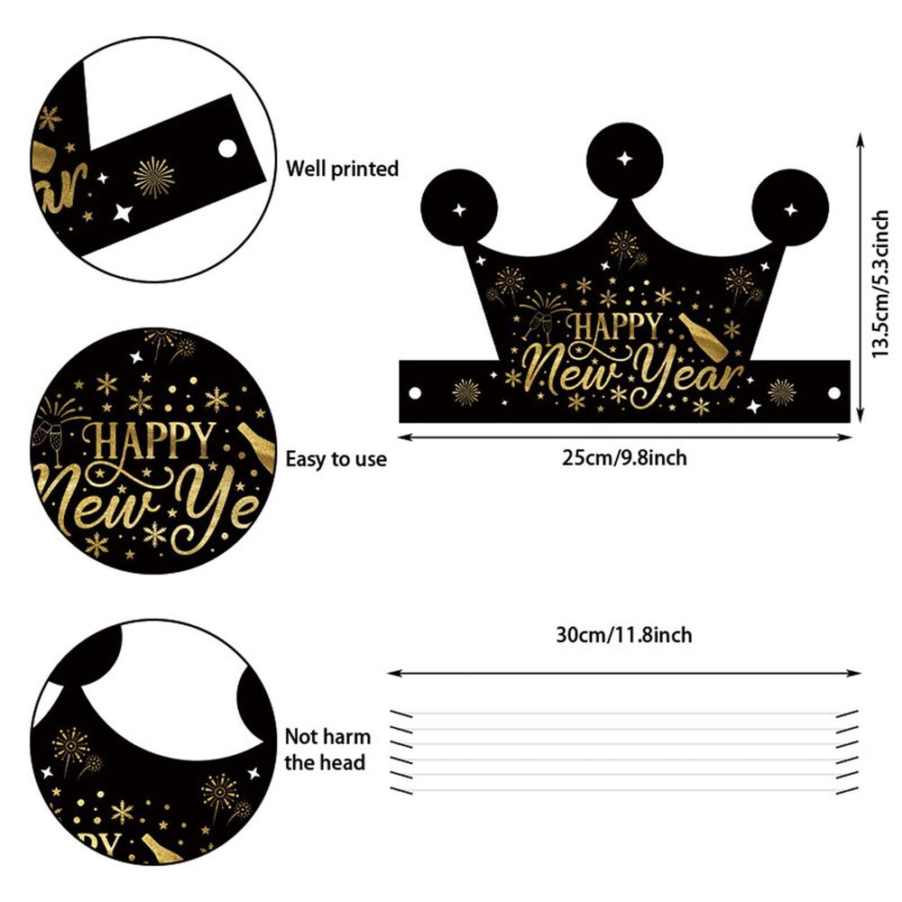 3955 2026 Black Gold Happy New Year Party Crown Hats, 12Pcs Adjustable New